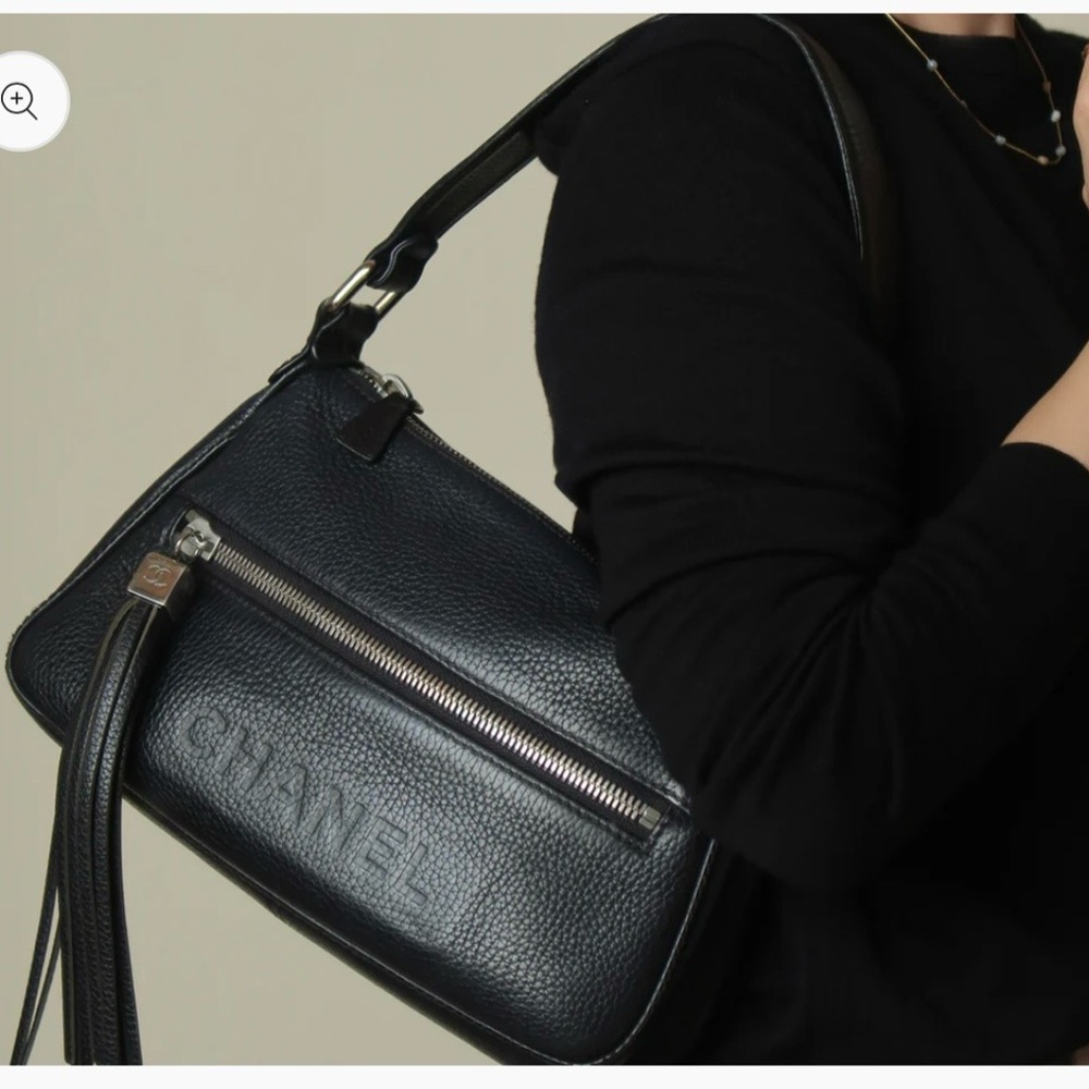 Authentic CHANEL black grained calfskin CC oversized charm baguette hobo bag